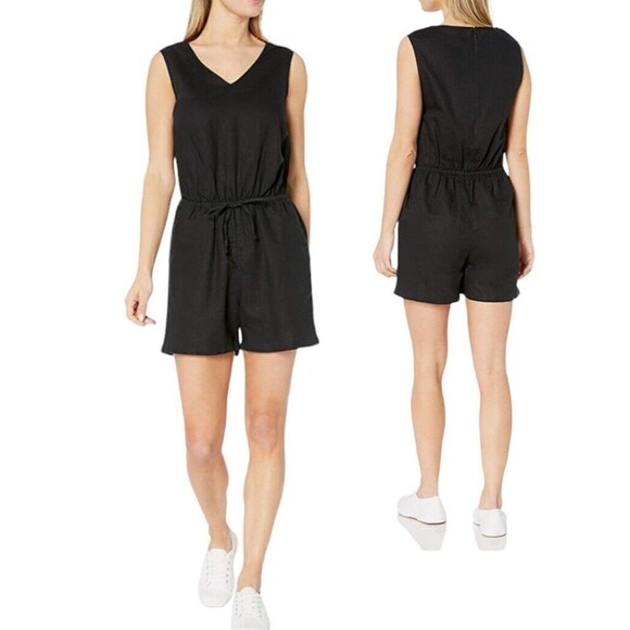 Women Black Romper Size 4 Linen Blend V Neck Drawstring NWT - Picture 8 of 8